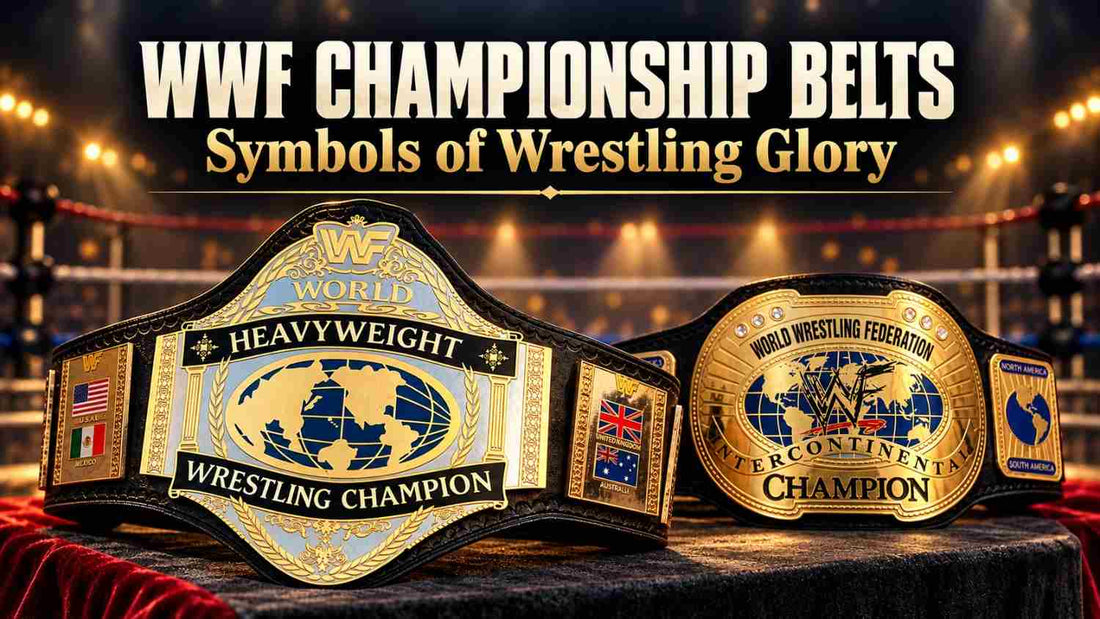 WWF World Heavyweight and Intercontinental championship belts beneath the title “Symbols of Wrestling Glory.